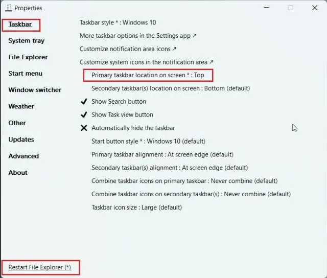 Lokasi Taskbar Windows 11 di Properties