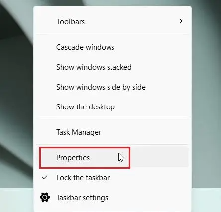 Properties Taskbar Windows 11
