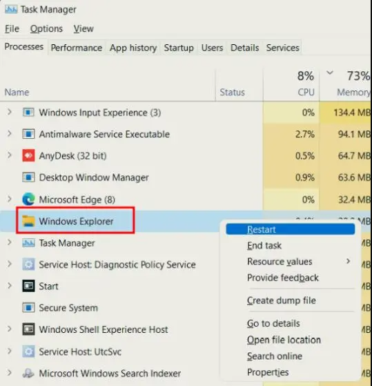 Restart Windows Explorer Melalui Task Manager